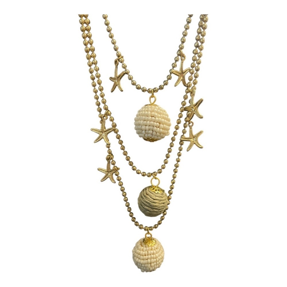 Handmade Sachi Beaded Raffai and Wood 3 Piece Necklace with Star Fish design